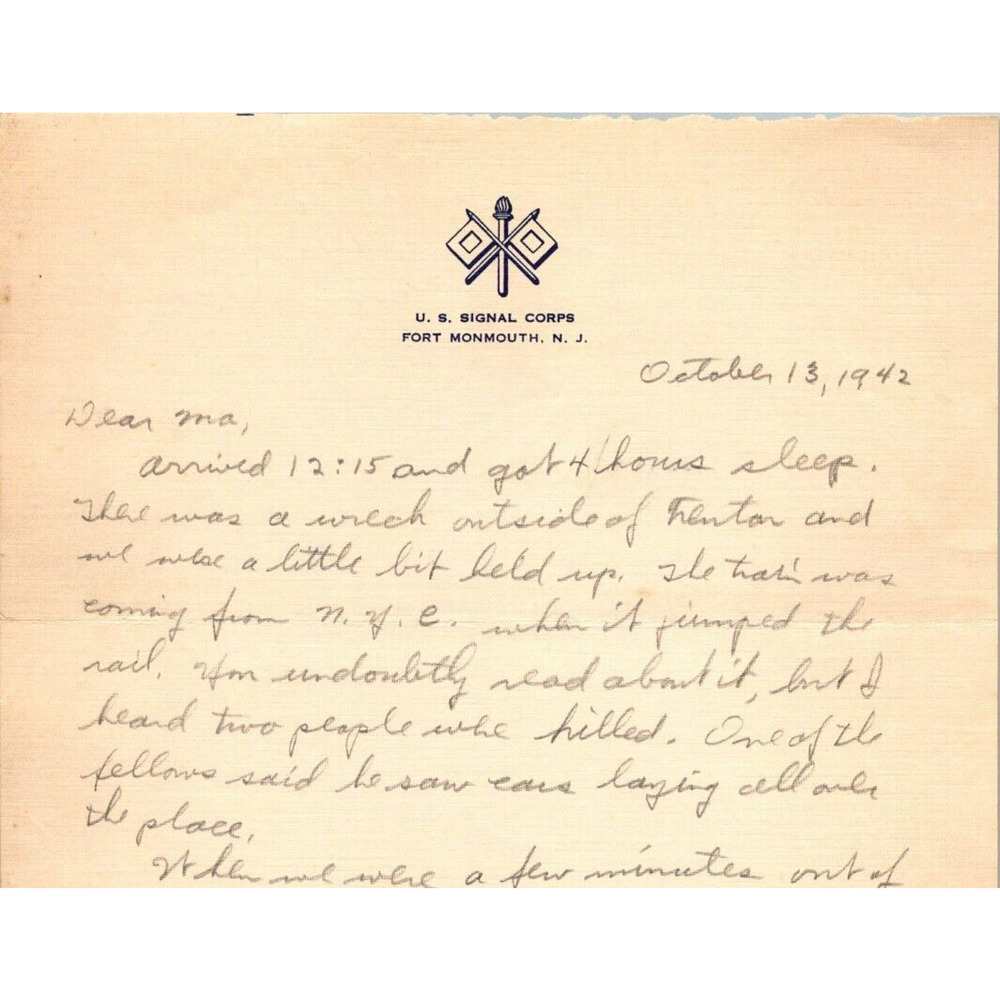 1943 WWII U S Signal Corps Fort Monmouth NJ Letterhead Soldiers Letter Home WW2